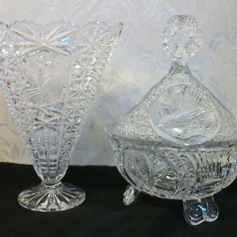 2 Vintage Hofbauer Byrdes Crystal Bird Glass Bowl & Vase